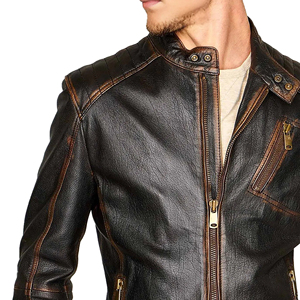 Men's Genuine Leather Moto <b>Jacket</b> Slim Fit Zipper Closure Turn-down Collar Autumn Wear Distressed Biker Style <b>Western</b> <b>Jacket</b> - Product Image 5