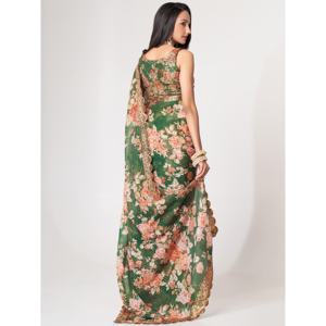 Atractivo verde estampado floral Organza Festival Sari con blusa - Product Image 5