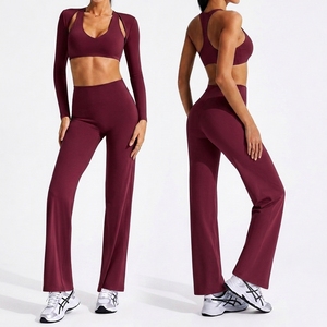 Conjunto de Yoga de 3 Piezas para Mujer, Alta Elasticidad, Cuello Redondo, Espalda Descubierta, Cierre con Cordón, Secado Rápido, Spandex/Nailon, Corte Ajustado, Logotipo Personalizado en la Parte Delantera - Product Image 1