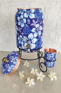 Distributeur d'eau en cuivre, design floral bleu, avec bordure et support en cuivre, distributeur d'eau froide pour la maison - Product Image 5
