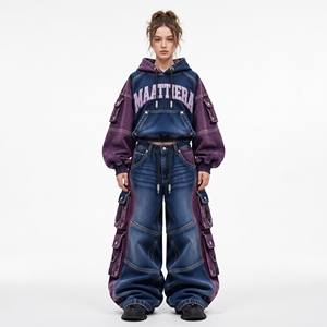 <b>Womens</b> Oversized Denim Hoodie Tracksuit Set <b>Baggy</b> Cargo <b>Jeans</b> Streetwear Acid Wash Custom Clothing Manufacturer - Product Image 1