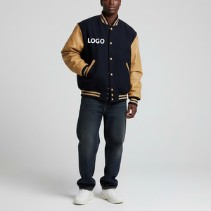 Veste universitaire pour homme en bleu marine et beige, avec logo imprimé, col rabattu, coupe classique, vêtement décontracté d'automne, en PU - Product Image 1
