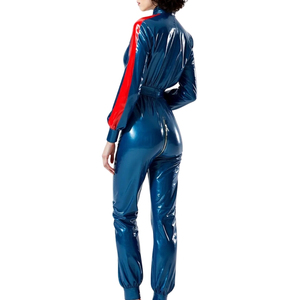 Mono Largo de Mujer Azul con Recubrimiento de PU, Cintura Alta, Manga Larga, Detalles Rojos, con Cinturón, Estilo Y2K, Ropa Urbana - Product Image 2