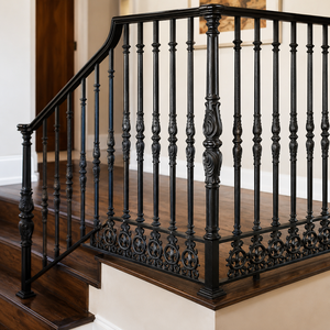 Classic Black Wrought Iron Balcony <b>Railing</b> with Arched Floral Panels for Villa Exterior Window Terrace Guardrail - Product Image 3