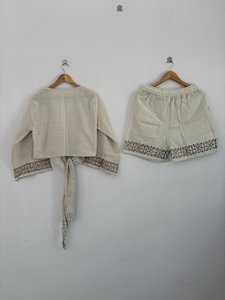 Boho Cotton Long Sleeve Floral Print V-neck Two Piece Set <b>Crop</b> Top Shorts Beige Resort Outfit Drawstring Closure Breathable Free - Product Image 2