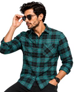 Chemise en flanelle décontractée pour homme, coupe ajustée, manches longues, boutonnée, en coton à carreaux, couleur bleu sarcelle et noir, personnalisée par le fabricant, style mode - Product Image 1