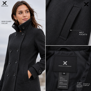 Manteau en laine à double boutonnage pour femmes |   Manteau d'hiver en mélange de laine avec col amovible en fourrure de mouton mérinos |   X Sports City 300g OEM - Product Image 5