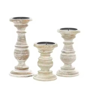 Ensemble de 3 bougeoirs en bois, forme colonne, pour décoration intérieure, design conique fait main, finition blanchie à la chaux - Product Image 6