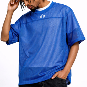 เสื้อฟุตบอลอเมริกันตาข่ายสีน้ำเงินขนาดใหญ่พิเศษ ขายส่ง เสื้อผ้ากีฬาแบบระบายอากาศ สตรีทแวร์ รับผลิตตามสั่ง แบรนด์ส่วนตัว OEM รับคำสั่งซื้อจำนวนมาก - Product Image 6