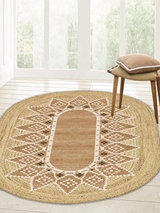 Oval Jute Area <b>Rug</b> Geometric Pattern Bohemian Style <b>Flat</b> Weave Non Slip Rubber Backing Living Room Floor Mat - Product Image 3