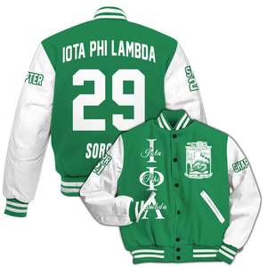 Chaqueta Universitaria Personalizada Iota Phi Lambda para Mujer, Color Verde Esmeralda, Letras Blancas, Escudo, Número, Año, Chaqueta Bomber de la Hermandad - Product Image 4