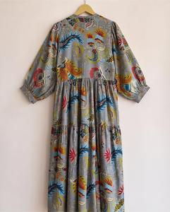 OEM New Boho Floral Print Maxi <b>Dress</b> With Puff Sleeves <b>Loose</b> Fit O-Neck Breathable Cotton Casual Women <b>Dress</b> Spring Style - Product Image 4