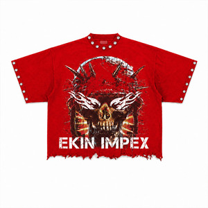 Custom Red Oversized T-Shirt Men 3D Skull Print Streetwear Hip Hop with Metal <b>Studs</b> Rivets Distressed Raw Hem Heavyweight Cotton - Product Image 1