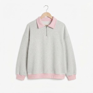 Sweat-shirt gris rose à col rabattu pour femme, manches longues, fermeture éclair, vêtements décontractés d'automne - Product Image 1