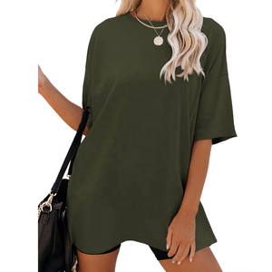 T-shirt personnalisé en coton pour femmes, coupe ample, épaules tombantes, long streetwear surdimensionné avec logo, t-shirts unis respirants - Product Image 4