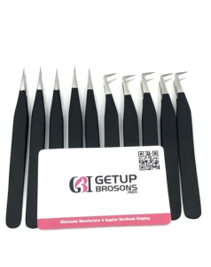 Nouvelles pinces à extensions de cils GETUP en acier inoxydable de qualité supérieure, revêtement poudré noir mat à 90 degrés, pointe argentée, pointe dentelée - Product Image 5