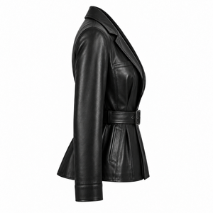 Blouson en cuir de mouton pour femme, court, ceinturé, à revers, vêtement d'extérieur d'automne - Product Image 5