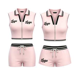 Conjunto Deportivo de 2 Piezas para Mujer, Top de Manga Corta con Cierre y Pantalones Cortos de Lona Tejida, Color Sólido, Estilo Halter, Ajuste Deportivo, Transpirable, para Primavera - Product Image 2
