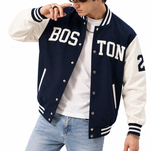 Chaqueta Varsity Azul Marino y Blanca para Hombre, Bordada con BOS 23, Estilo Preppy, Fibra de Algodón, Corte Regular, para Otoño - Product Image 4