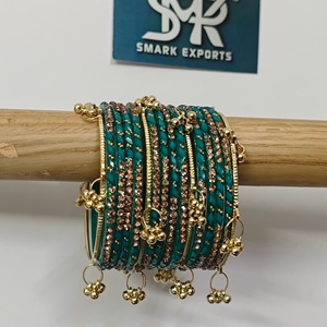 Luxury Teal Green <b>Glass</b> <b>Bangles</b> Set with Crystal Stone Work and Gold Ghungroo Handmade Bridal Jewelry - Product Image 3