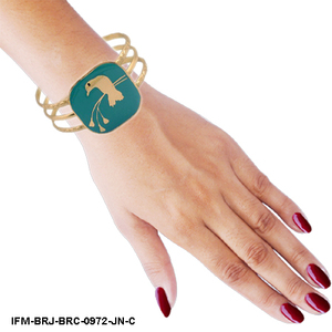 กำไลข้อมือทองเหลืองสามชั้นสไตล์โบฮีเมียนสำหรับผู้หญิง ลายสลักนกเคลือบเซรามิกสีน้ำเงิน ดีไซน์สวยงามสำหรับงานปาร์ตี้ - Product Image 6