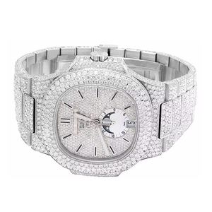 Diamond paved luxury wristwatch with <b>calendar</b> moon phase in stainless steel band on wrist in pocket casual style shot - Product Image 1