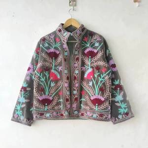 Hand Embroidered Floral Velvet <b>Jacket</b> Women's <b>Mandarin</b> <b>Collar</b> Bohemian Style Full Sleeve Vintage <b>Jacket</b> - Product Image 1