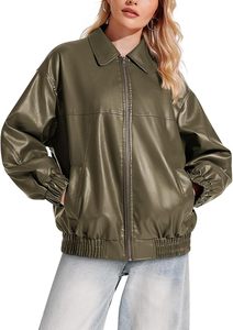 <b>Leather</b> Bomber <b>Jacket</b> Women <b>Men</b> Unisex Black Zipper Closure Solid Color Autumn Winter Wear Regular Fit Slim Style Eco-Friendly - Product Image 4