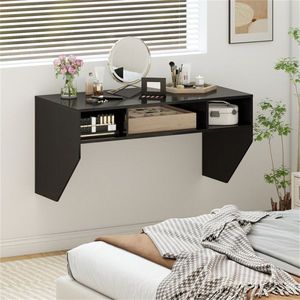 Black Floating Computer Desk with <b>3</b> <b>Cube</b> <b>Storage</b> Sturdy Wooden Wall Mounted Workstation for Home Office - Product Image 6