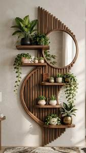 Ensemble d'étagères murales décoratives en bois modernes pour l'agencement des plantes, avec miroir rond et panneau cannelé, pour la décoration intérieure et les cadeaux de pendaison de crémaillère - Product Image 1