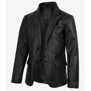 TOPEAK SPORTS Men's Black Genuine <b>Leather</b> Slim Fit Single Button Square Collar Waterproof Breathable Formal <b>Blazer</b> - Product Image 4