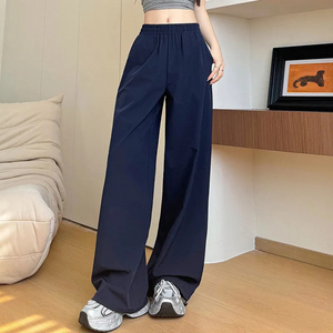 Pantalon large taille haute élastique à cordon de serrage pour femme, coupe ample, couleur unie, respirant, coupe-vent, anti-plis, décontracté, tissé, été - Product Image 4