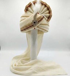 Safa de mariage royal or ivoire pour le marié, turban artisanal en perles et plumes, couvre-chef traditionnel indien pour cérémonie, vente en gros - Product Image 6