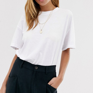 T-shirt décontracté blanc en coton pour femme, col rond, manches courtes, coupe ample, jersey uni, longueur normale, toutes saisons - Product Image 5