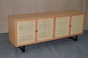 Mahogany Wood & Rattan <b>TV</b> Cabinet 4-Door Storage with Metal Leg for Living Room - Product Image 2