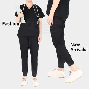 Conjunto de uniforme médico con cuello en V para mujer, negro, de algodón y poliéster, con estetoscopio, para personal médico. - Product Image 3