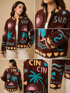 เสื้อแจ็คเก็ตคอร์ดูรอยสำหรับผู้หญิง ยี่ห้อซินซิน ปักลายต้นปาล์มด้วยมือ แขนยาว ปิดด้วยซิป สไตล์วันหยุดฤดูร้อน - Product Image 5