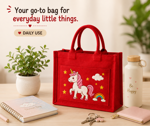 Cute Cartoon Unicorn Woven Jute Shopping Bag Red <b>Magnetic</b> Snap Closure Medium Size Daily Use - Product Image 4