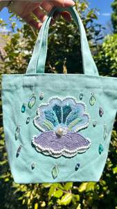 Sac fourre-tout fait main en perles de coquillages pour femme, sac à bandoulière en toile brodé thème océan rose - Product Image 2