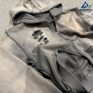 Sudadera con capucha para hombre de 500 g/m² de felpa gruesa con lavado ácido, doble cremallera, pedrería, efecto desgastado y bordado, nuevo estilo - Product Image 4