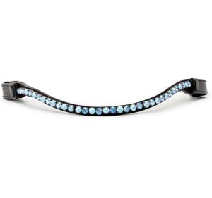 Bandeau de tête pour chevaux en cuir noir premium, forme vague, avec une seule rangée de cristaux bleus, perles et chaîne diamantée. - Product Image 1
