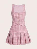 Ensemble coordonné veste courte en tweed rose à carreaux et mini-jupe plissée pour femme