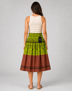 Custom Manufacturer Wholesale Womens <b>Boho</b> Ethnic Tribal Print Midi <b>Skirt</b> High Waist Elastic Smocked Green Brown A Line Cotton - Product Image 5