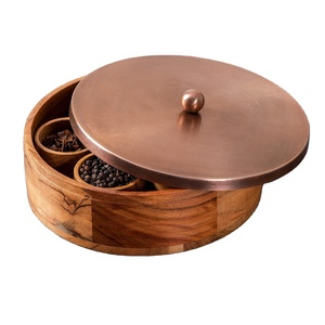 Boîte Masala en bois pour cuisine Masala Dabba pots à épices boîte de rangement avec couvercle en métal et cuillère pour épices de cuisine - Product Image 1