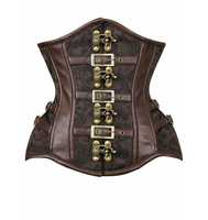 Corset en similicuir marron et brocart marron personnalisable OEM en gros avec fermoir et boucles sur le devant, double baleine en acier marron