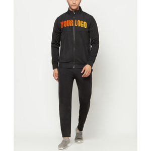 Custom Mdae Men's Black Full Zip Tracksuit With Front Logo Print Breathable Polyester Sporty <b>Jogging</b> Set Autumn Wear Regular Fit - Product Image 1