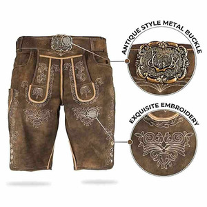 <b>Men</b>’s Bavarian Lederhosen Traditional German Oktoberfest Embroidered Vintage Brown Leather <b>Shorts</b> with Belt - Product Image 4