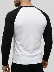 Men's White Black Raglan & Long Sleeve T-Shirt Regular Fit Round Neck Casual Jersey Cotton Solid Color Contrast Trim 180g Blank - Product Image 4
