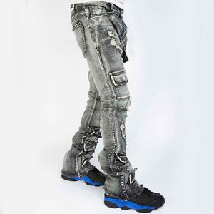 Vaqueros de mezclilla para hombre de cintura alta, corte recto, con efecto desgastado, 100% algodón, transpirables, de peso pesado, teñidos en prenda, ajuste cómodo - Product Image 1