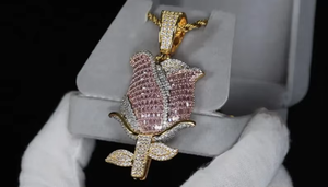 Iced Out Rose Flower Pendant For Women With Pink And White Stones In Gold Finish Luxury Jewellery Style - Product Image 2